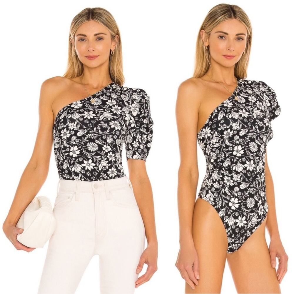Free People Somethin Bout You Floral One Shoulder Puff Sleeve Bodysuit Size XS